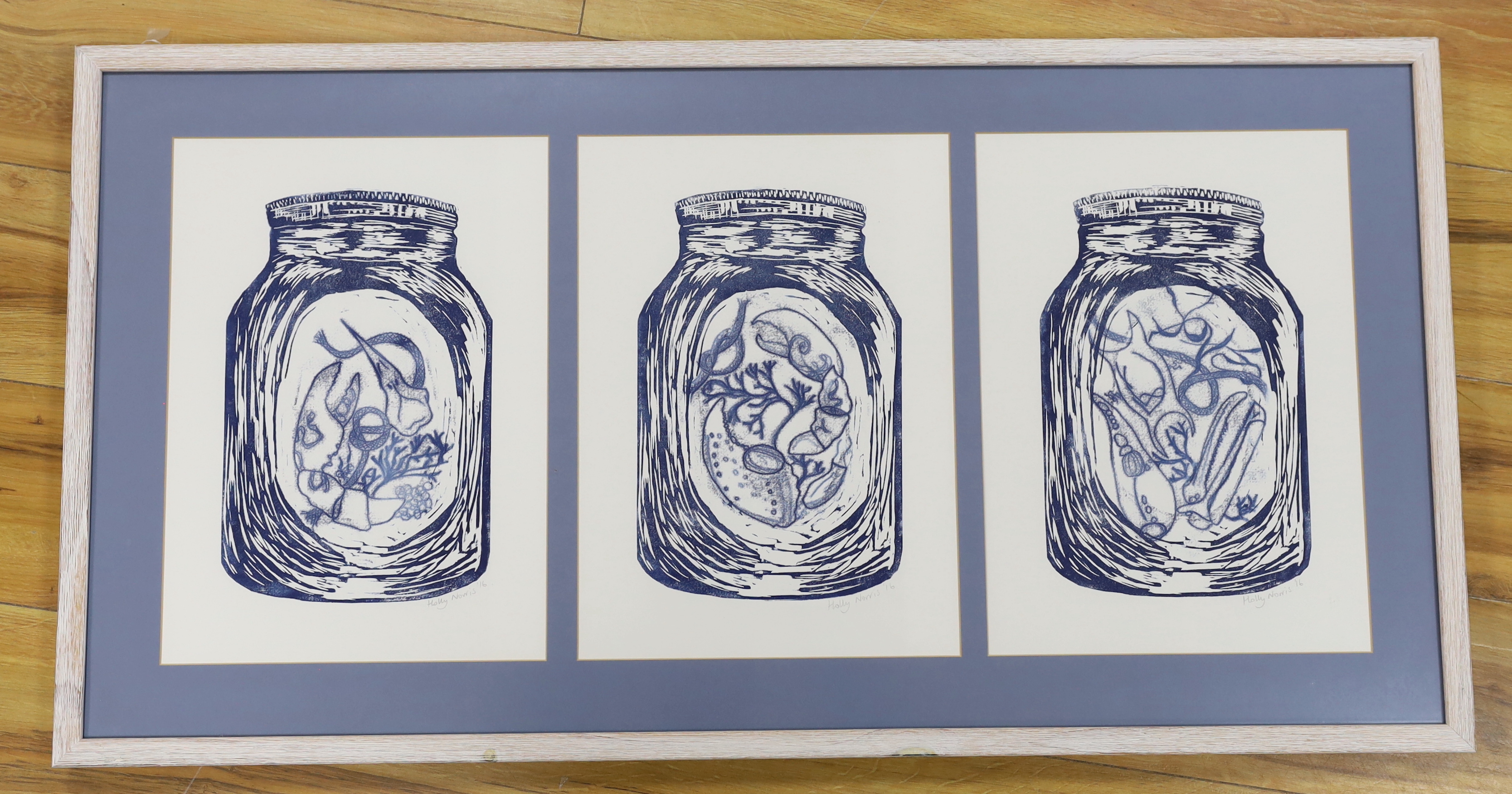 Holly Norris (contemporary), screenprint triptych, 'Kilner jars and beach findings', each signed and dated '16, 38 x 26cm
